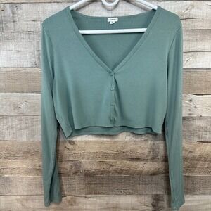 Garage Womens Green Ribbed V-Neck Button Up Long Sleeve Cropped Top Size M